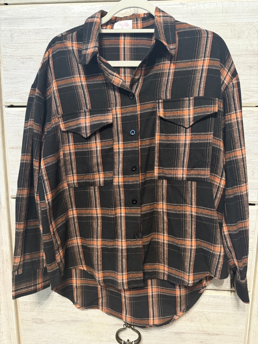 Women’s pink lily Black and Orange Plaid Button-Up Shirt size small